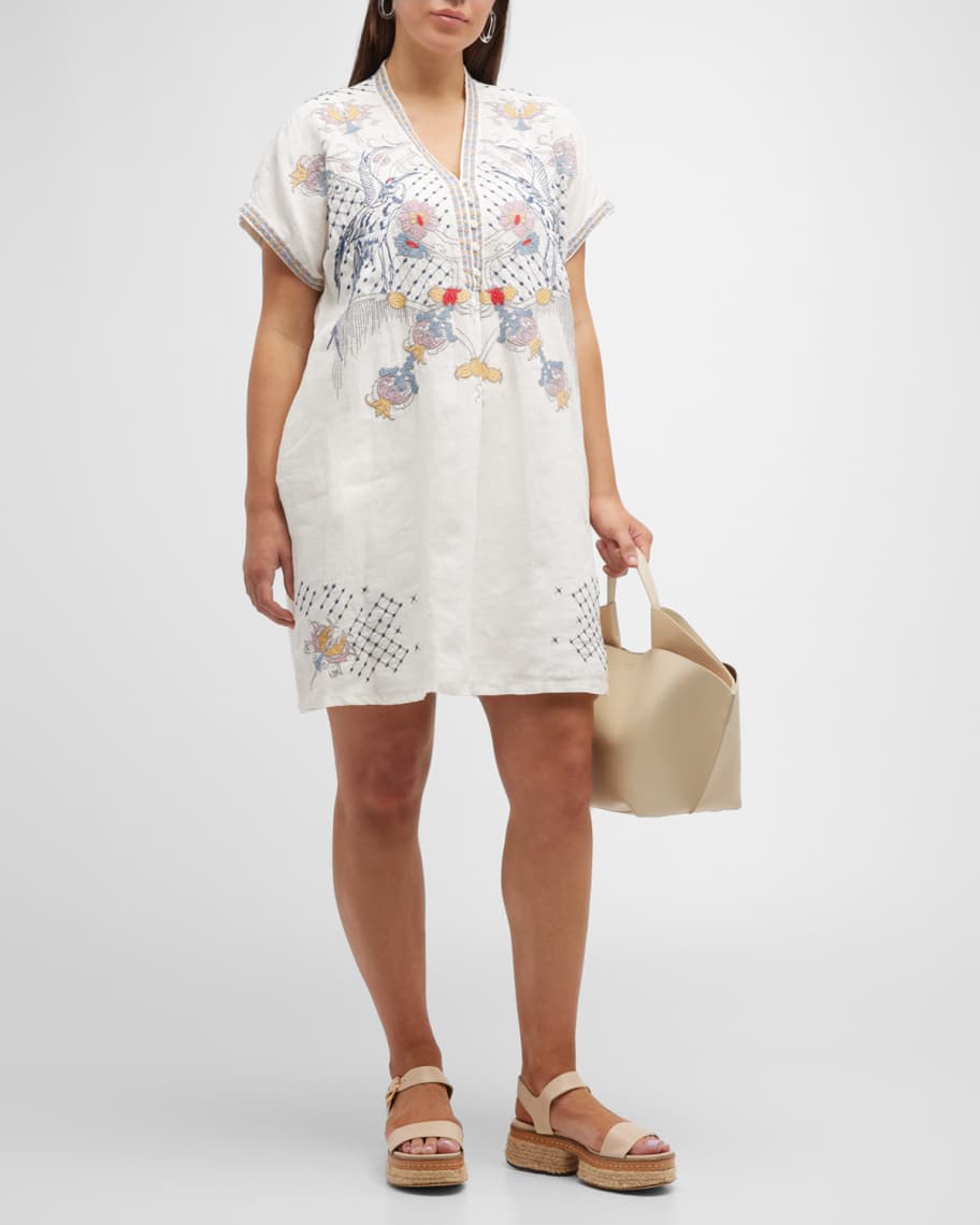 Johnny Was Plus Size Zippy Embroidered Linen Shift Dress | Neiman Marcus