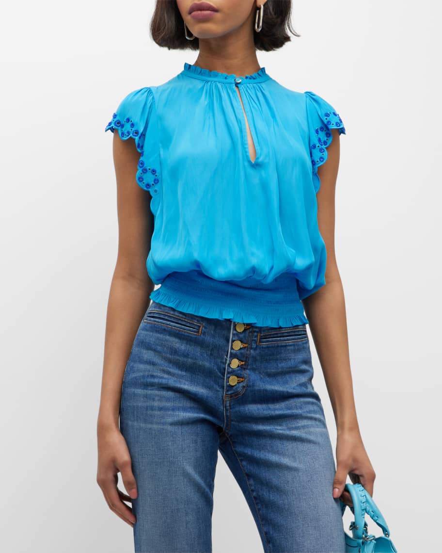 Ramy Brook Chandra Eyelet-Embroidered Shirred Blouse | Neiman Marcus