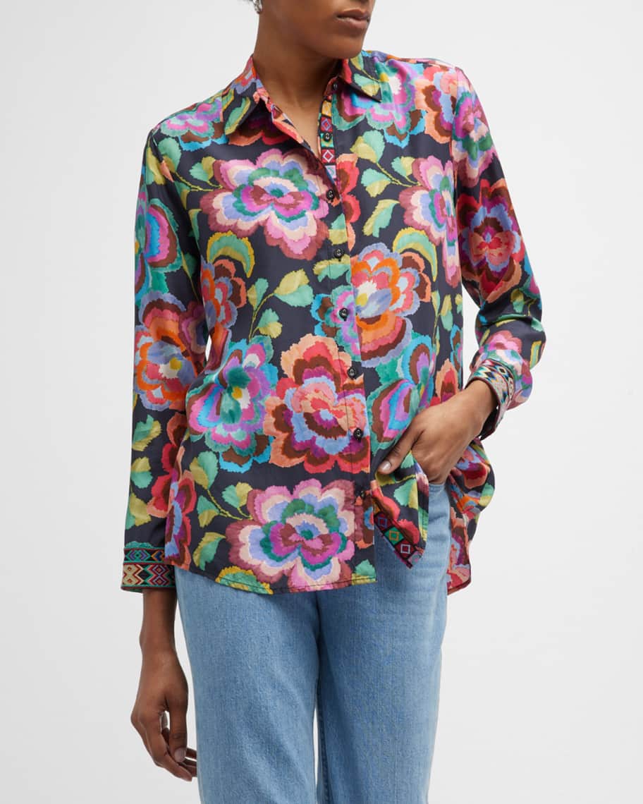 Johnny Was Calanthe Floral-Print Silk Button-Down Shirt | Neiman Marcus