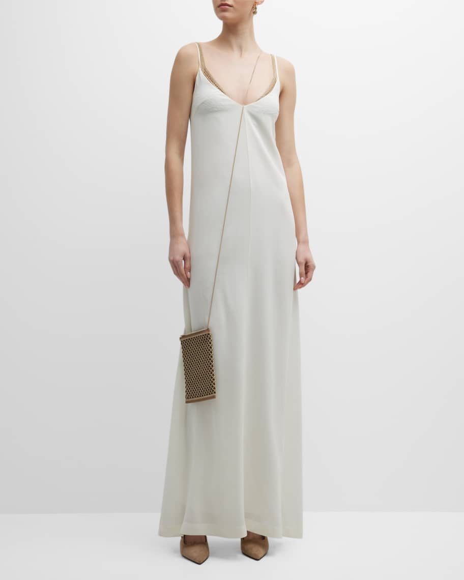 Brunello Cucinelli Monili Mesh Top-Insert Sable Crepe Slip Gown