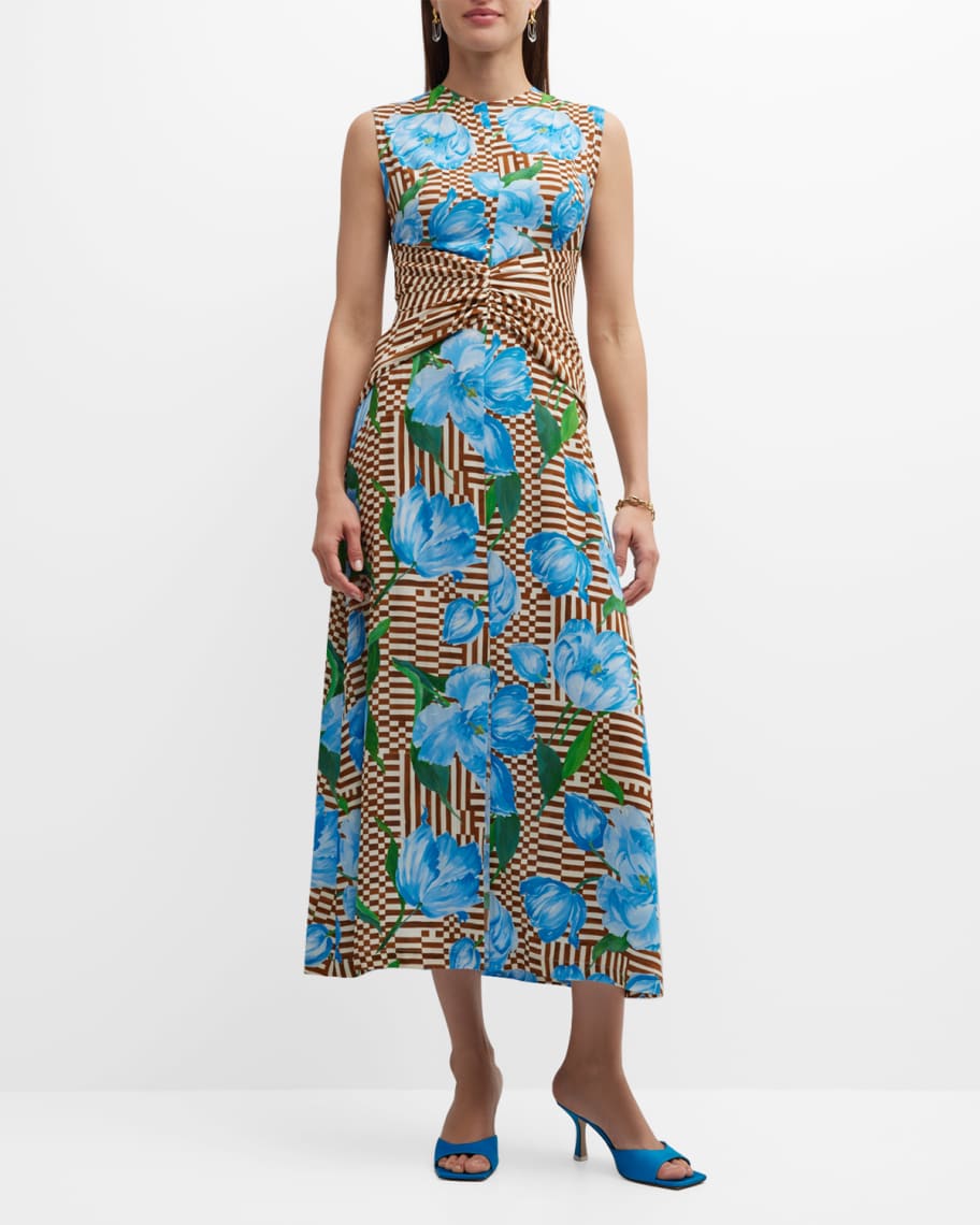 Lela Rose Check Floral-Print Sleeveless Ruched Midi Dress | Neiman Marcus