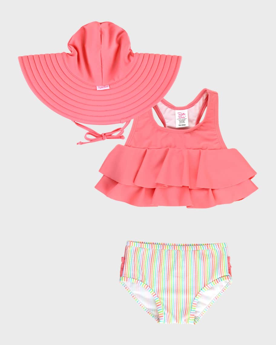 RuffleButts Girl's Rainbow Striped Swimsuit Set W/ Sun Hat, Size 3M-8 ...