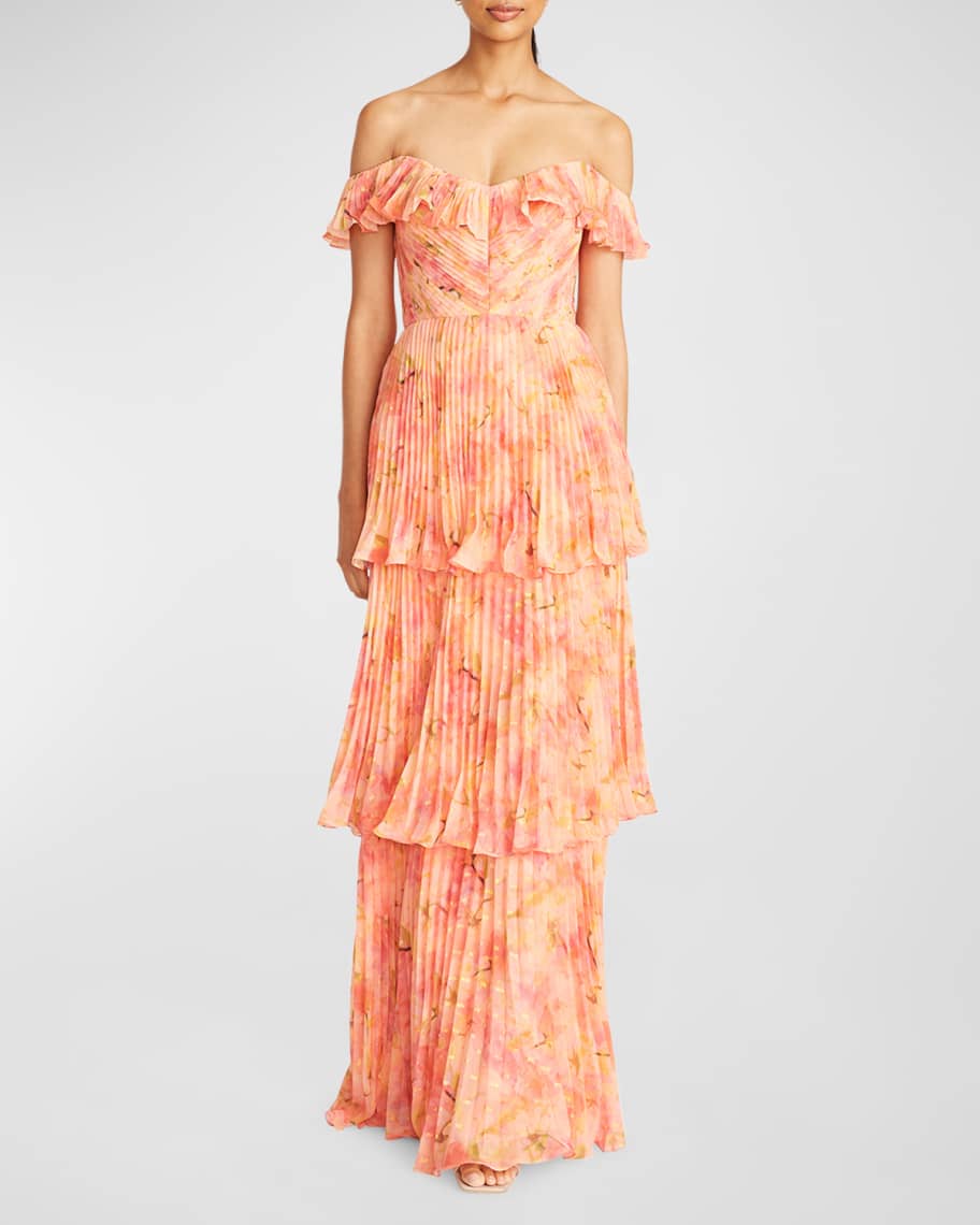 Theia Beth Tiered Pleated Off-Shoulder Gown | Neiman Marcus