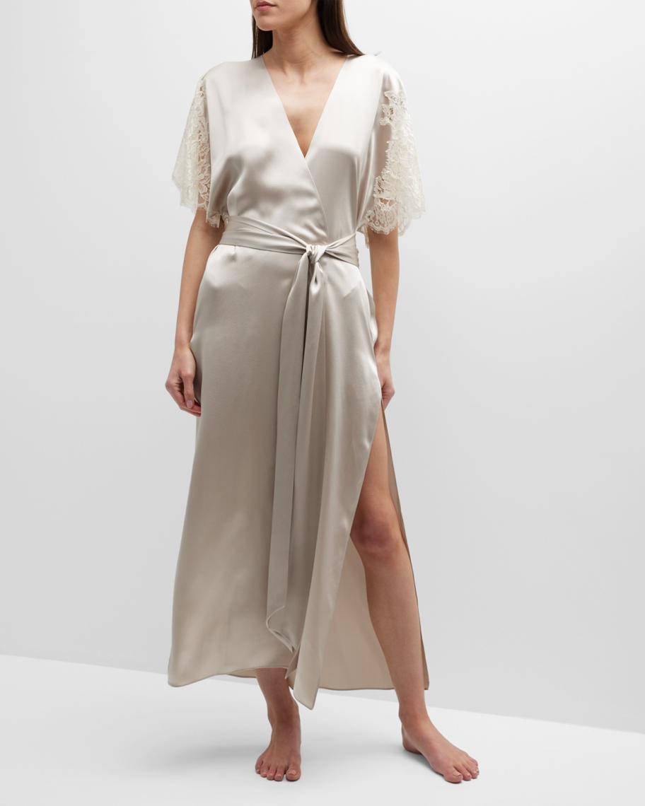 Christine Lingerie Venus Long Lace-Sleeve Silk Robe | Neiman Marcus