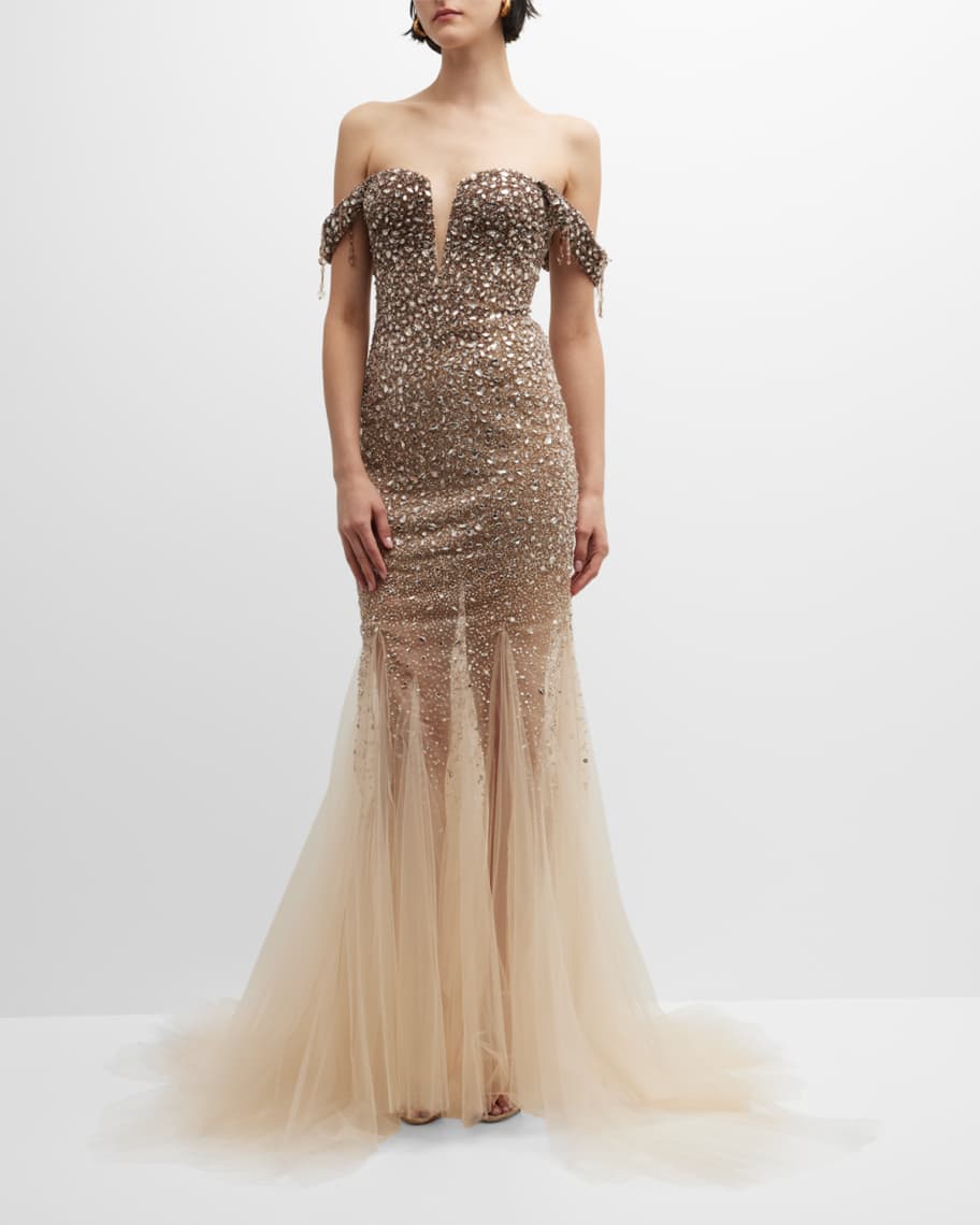 Pamella Roland Tulle Off-Shoulder Gown with Ombre Embroidered Details ...