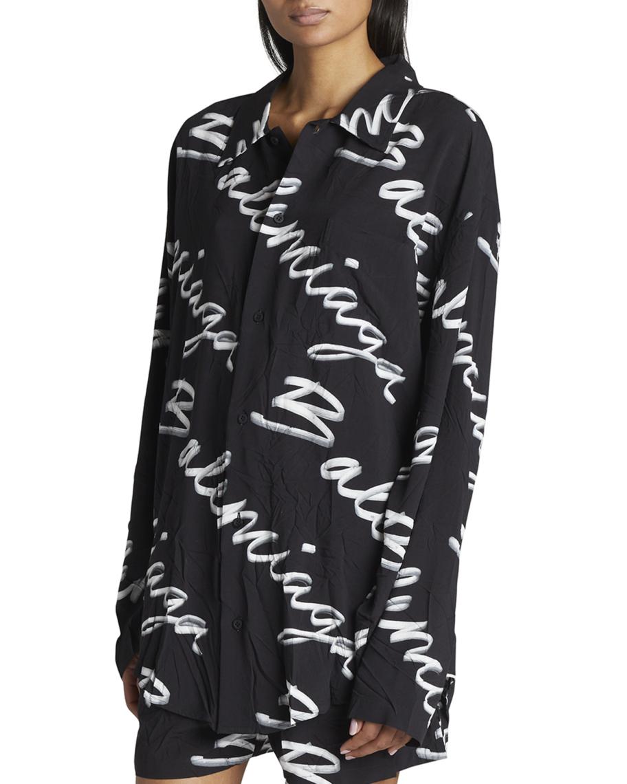 Balenciaga Logo Script-Print Poplin Oversized Shirt | Neiman Marcus
