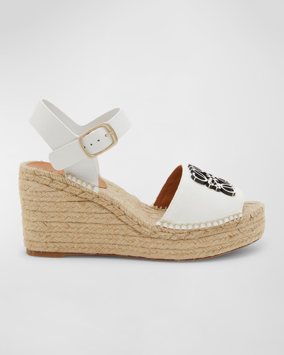 Loewe Anagram Cotton Ankle-Strap Wedge Espadrilles | Neiman Marcus