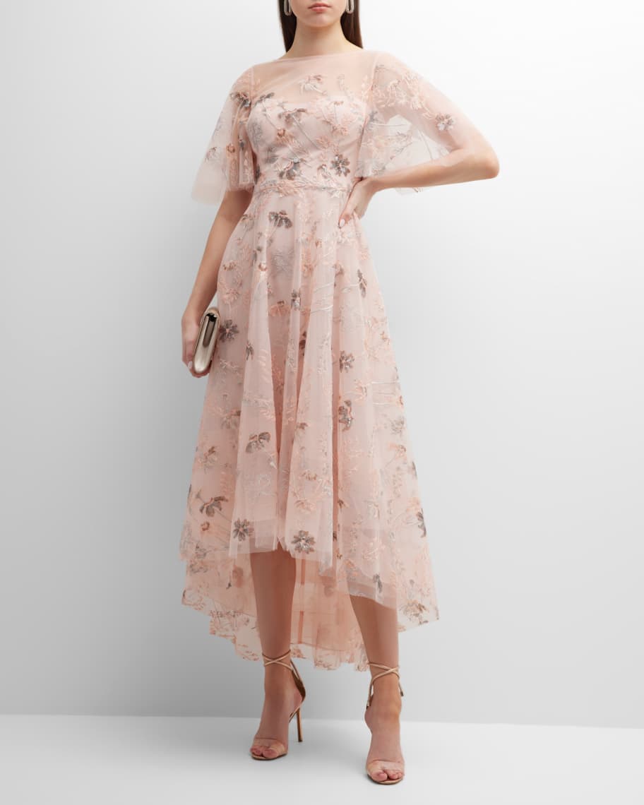 Teri Jon - Embroidered Tulle High Low Flutter Sleeve Dress main image 0