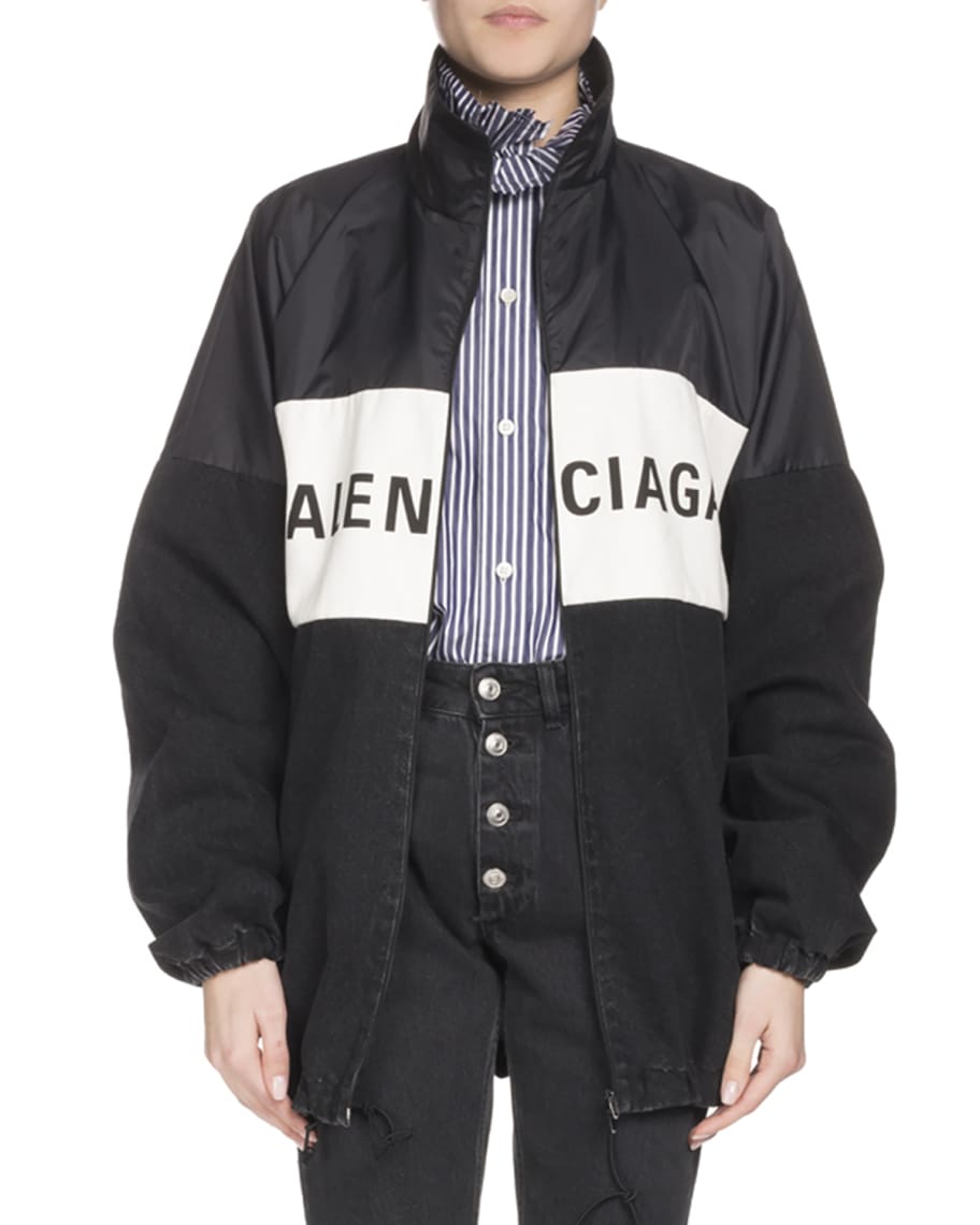 Balenciaga Nylon and Denim Logo Zip-Front Jacket | Neiman Marcus