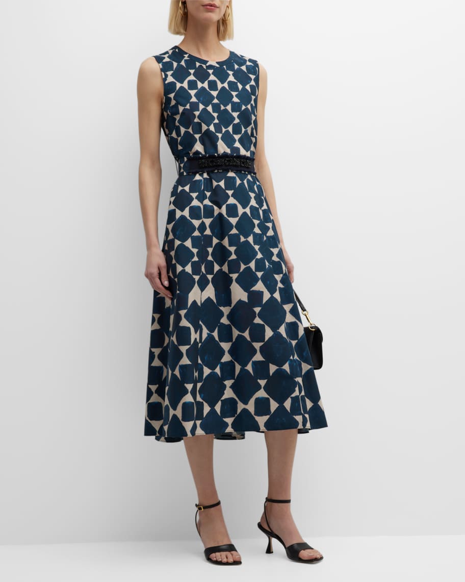 Max Mara Note Geo-Print Strass Belted Midi Dress | Neiman Marcus