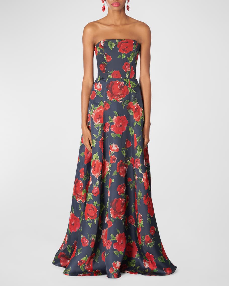 Carolina Herrera Floral Print Strapless A-Line Gown | Neiman Marcus