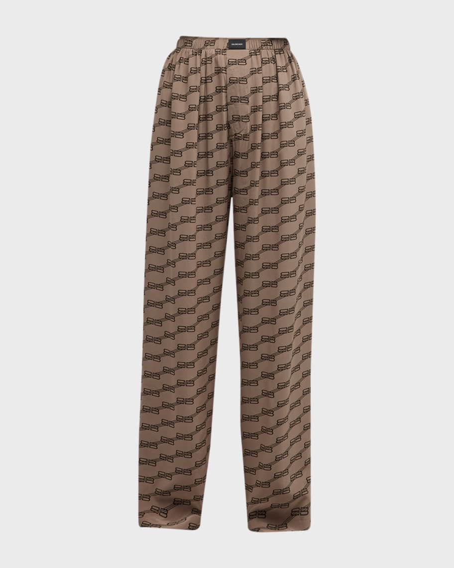 Grey BB-monogram print satin trousers, Balenciaga