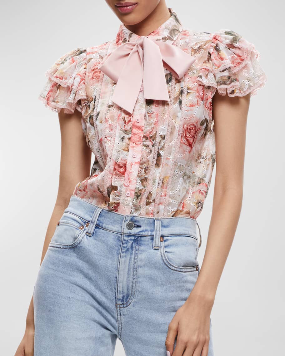 Alice + Olivia Minda Ruffle-Sleeve Neck-Tie Blouse | Neiman Marcus