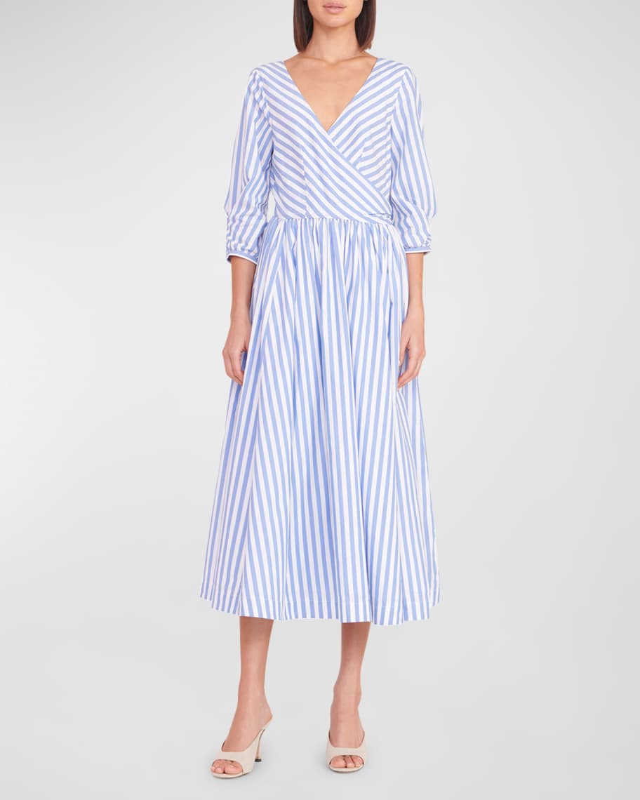 STAUD Jodie Striped Cotton Poplin Wrap-Front Midi Dress | Neiman Marcus