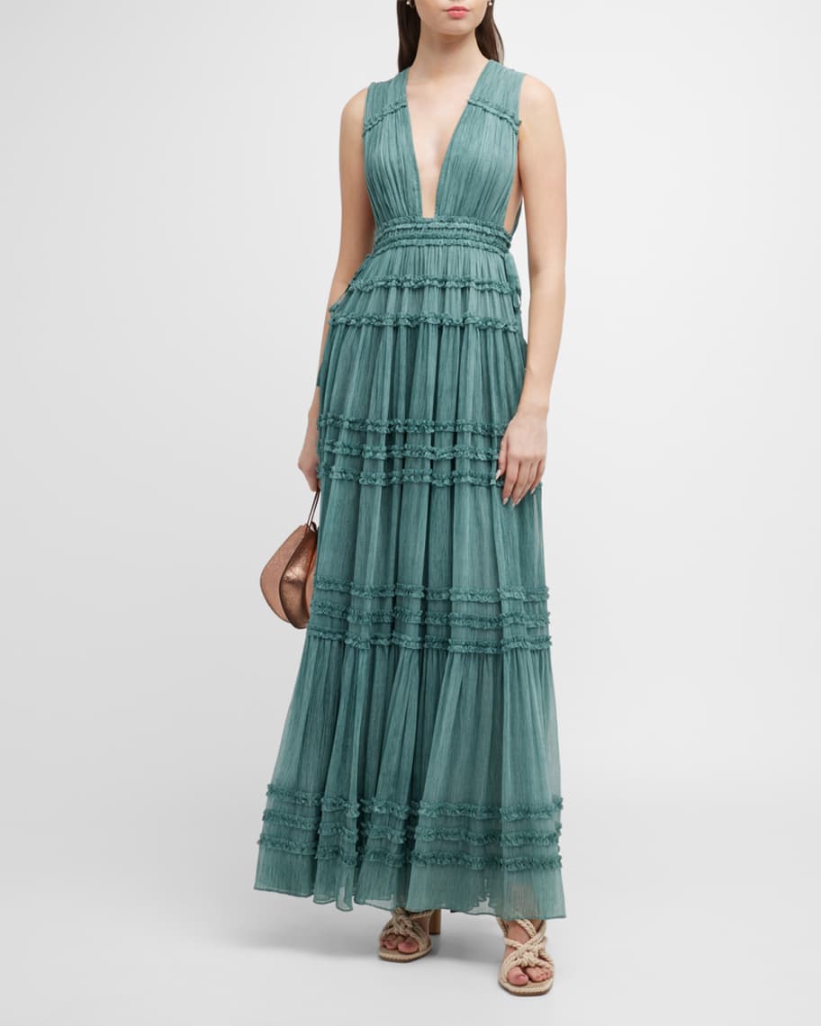 Ulla Johnson Fiona Plunge Tiered Ruffle Silk Gown | Neiman Marcus