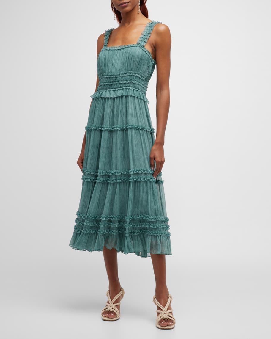 Ulla Johnson Daniela Ruffled Silk Tiered Midi Dress | Neiman Marcus