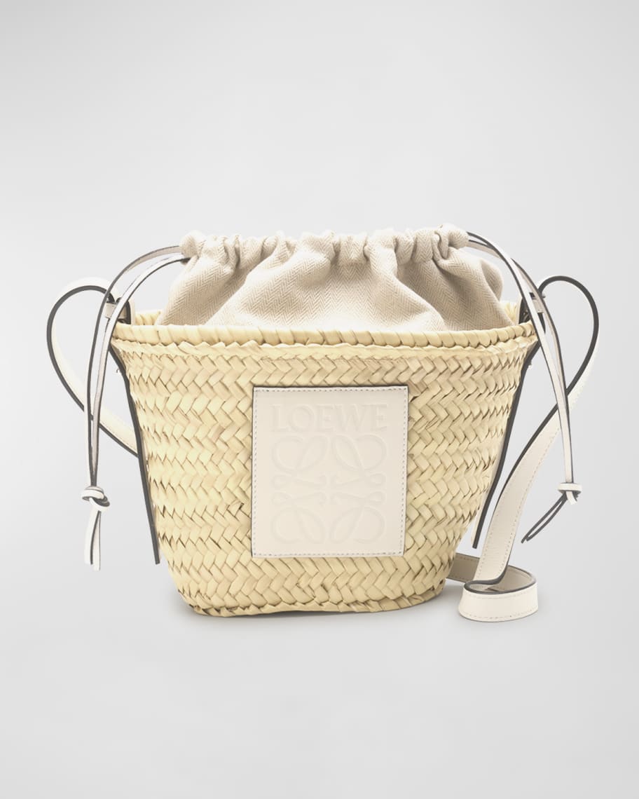 Small Woven Real Leather Drawstring Basket Bag Tote Bucket Beach