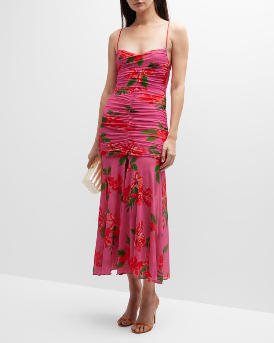 Pretty Spaghetti Straps Sheath Floral Printed Midi Length Party Dresses, DP5450