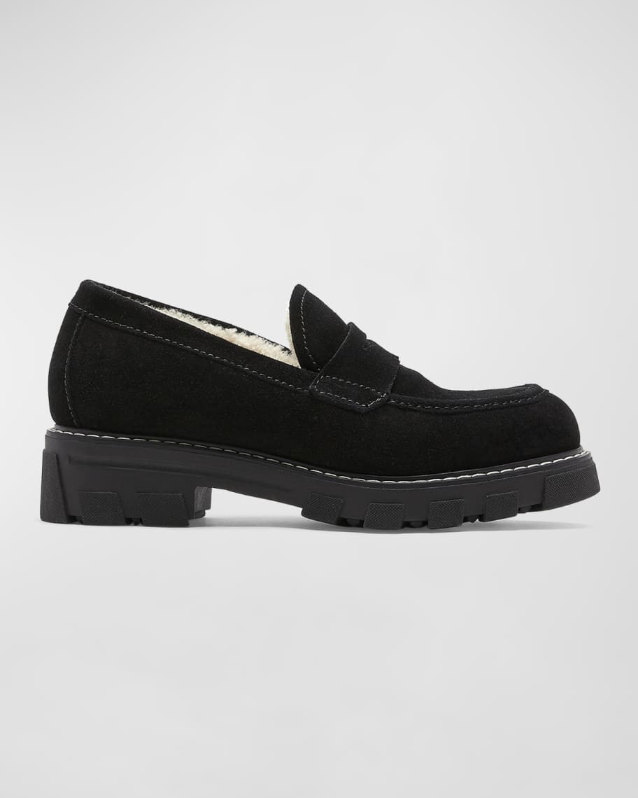 La Canadienne Darcy Suede Shearling-Lined Penny Loafers | Neiman Marcus