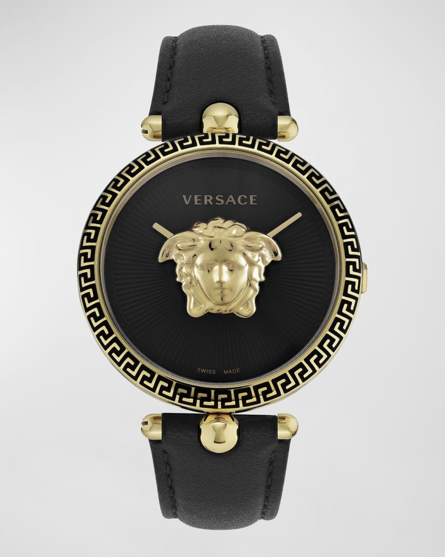 Versace 39mm Palazzo Empire Watch with Leather Strap, Yellow Gold/Black