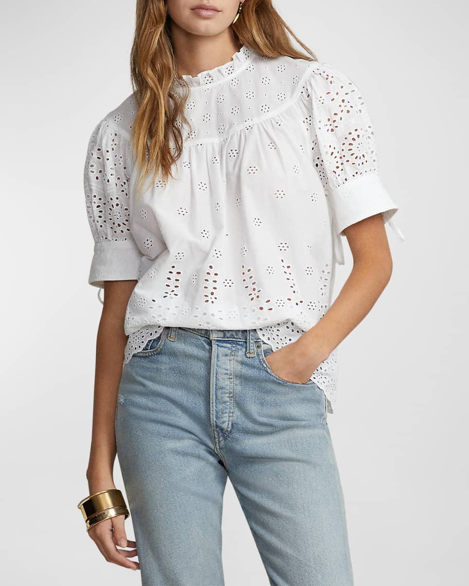 Polo Ralph Lauren Eyelet-Embroidered Cotton Top | Neiman Marcus