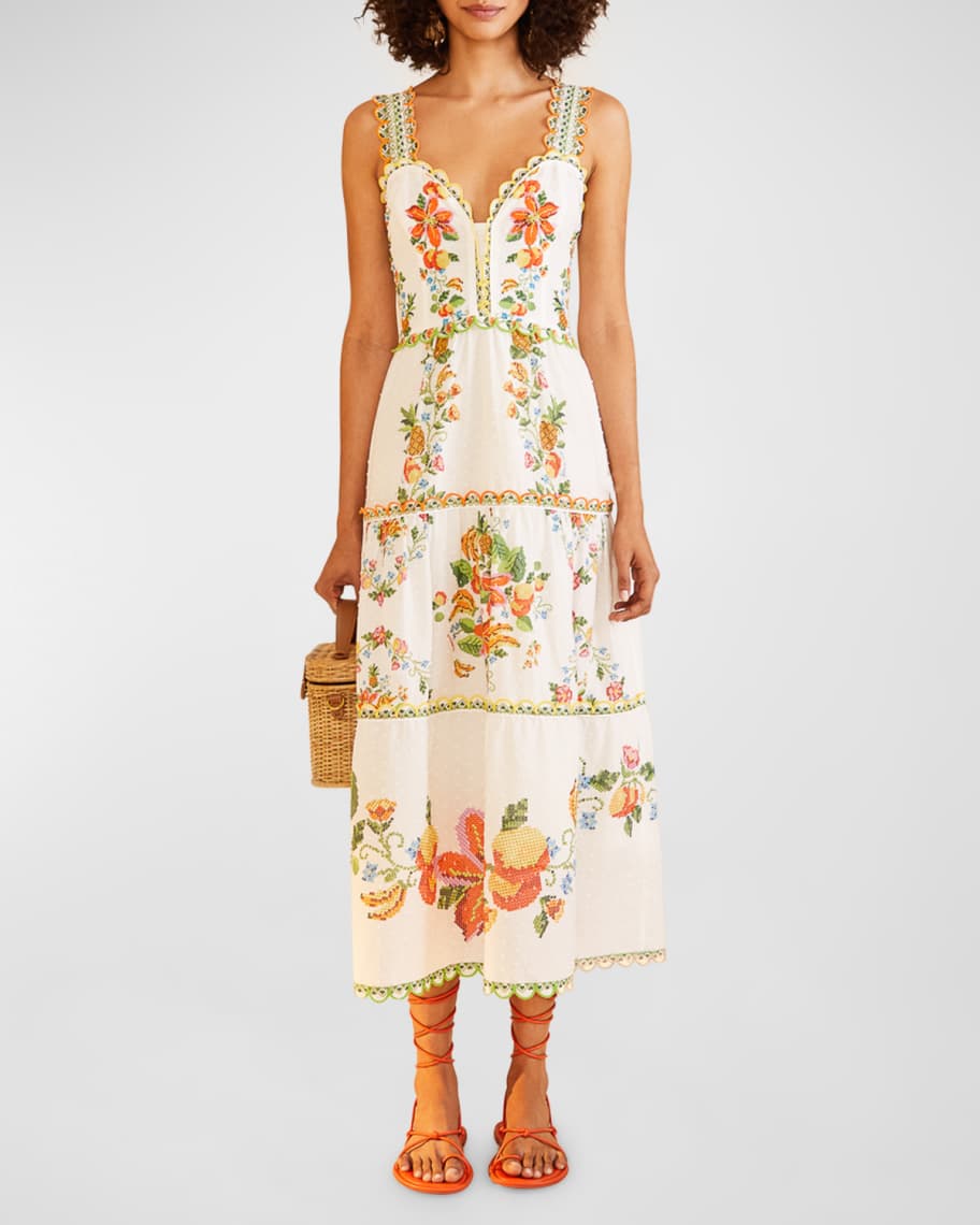 Farm Rio Mixed Tropical Romance Embroidered Midi Dress | Neiman Marcus