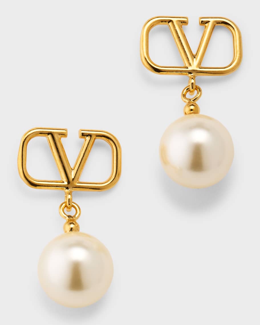 V Logo Signature Faux Pearl Earrings in Gold - Valentino