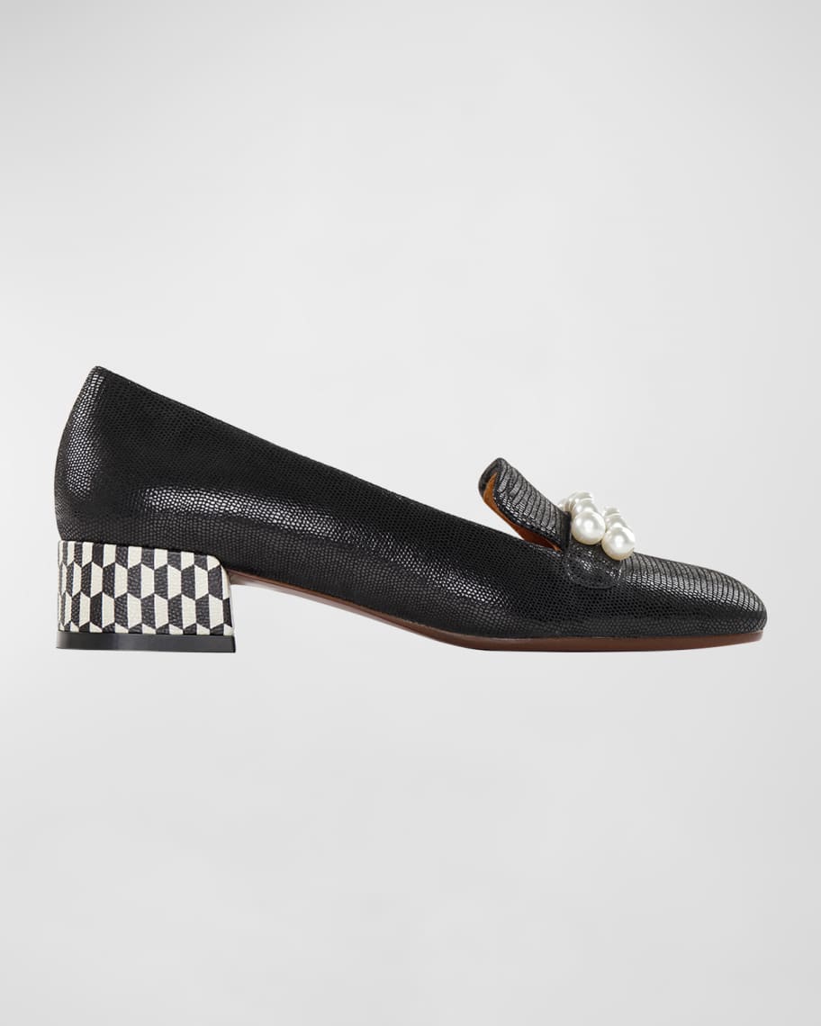 Chie Mihara Idako Mixed Leather Pearly-Strap Loafers | Neiman Marcus