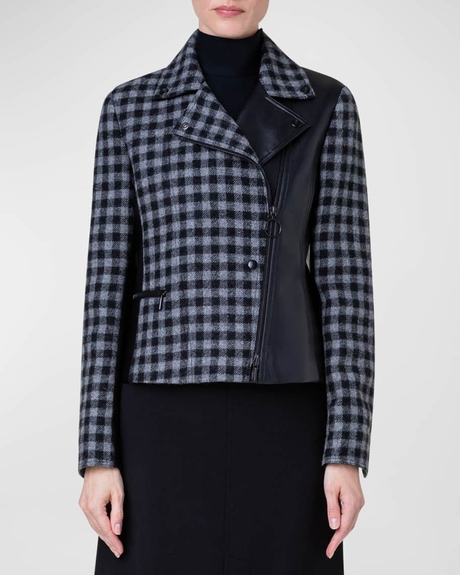 Akris punto Mixed Media Gingham Tweed Vegan Leather Moto Jacket