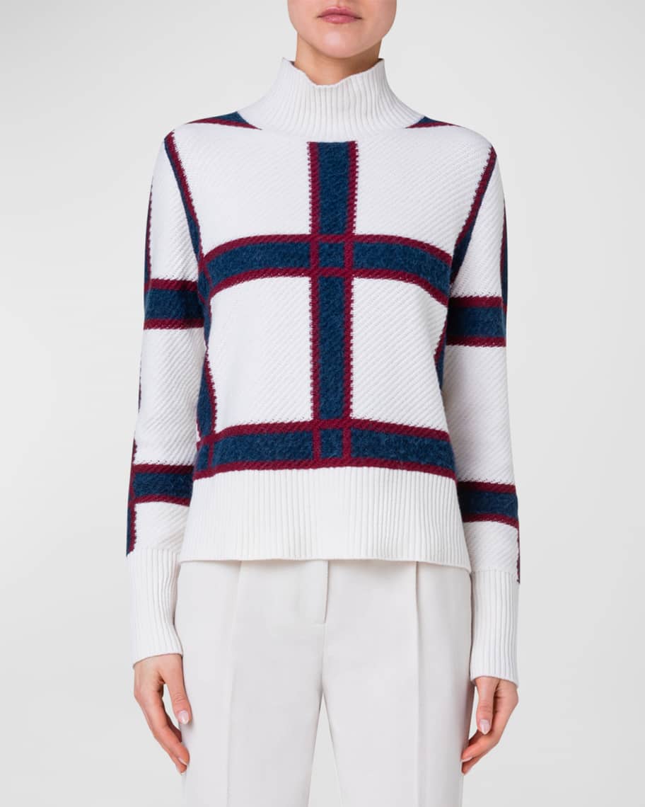 Akris punto Wool-Cashmere Check Intarsia Mock-Neck Sweater | Neiman Marcus