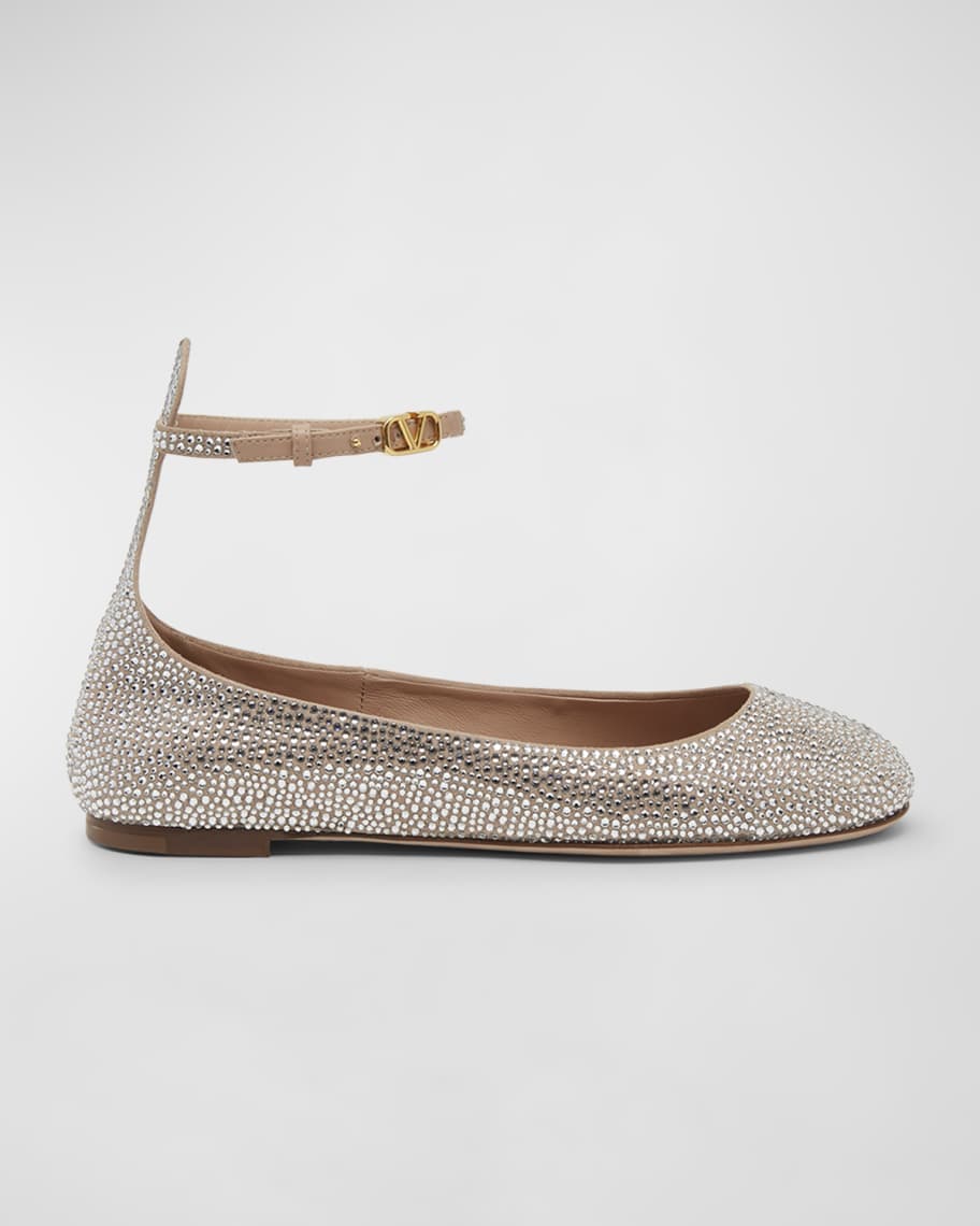 Valentino Garavani Tan go Crystal Ankle Strap Ballerina Flats Neiman Marcus