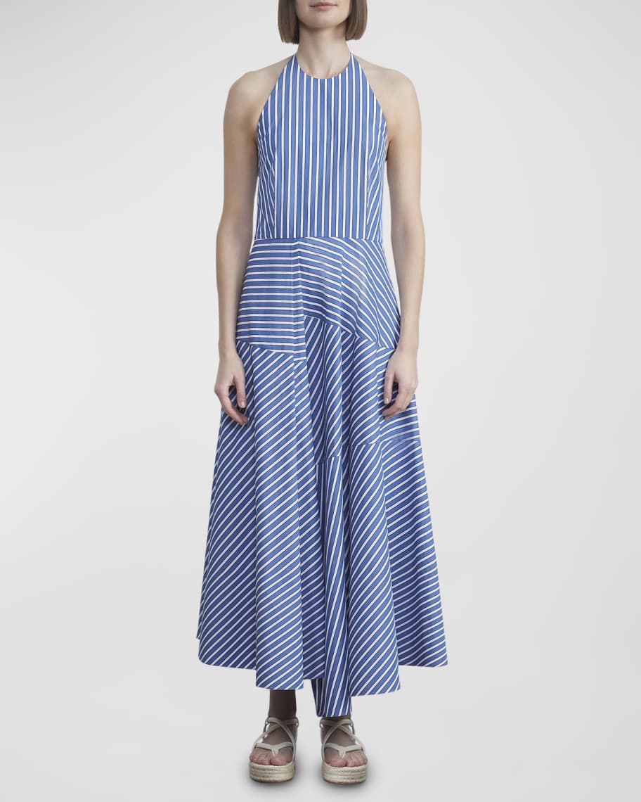 Lafayette 148 New York Striped Asymmetric Halter Maxi Dress