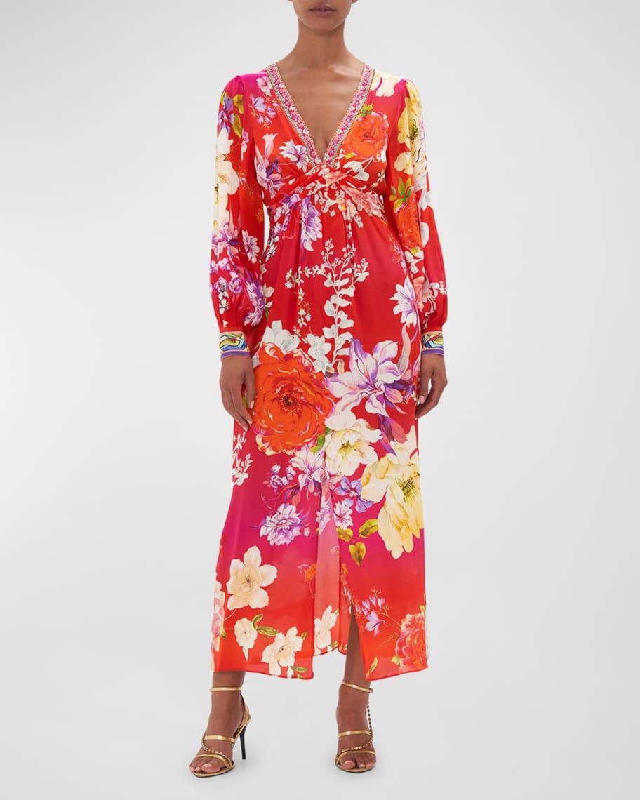 Camilla The Beetles Twist-Front Long Floral Silk Dress | Neiman Marcus