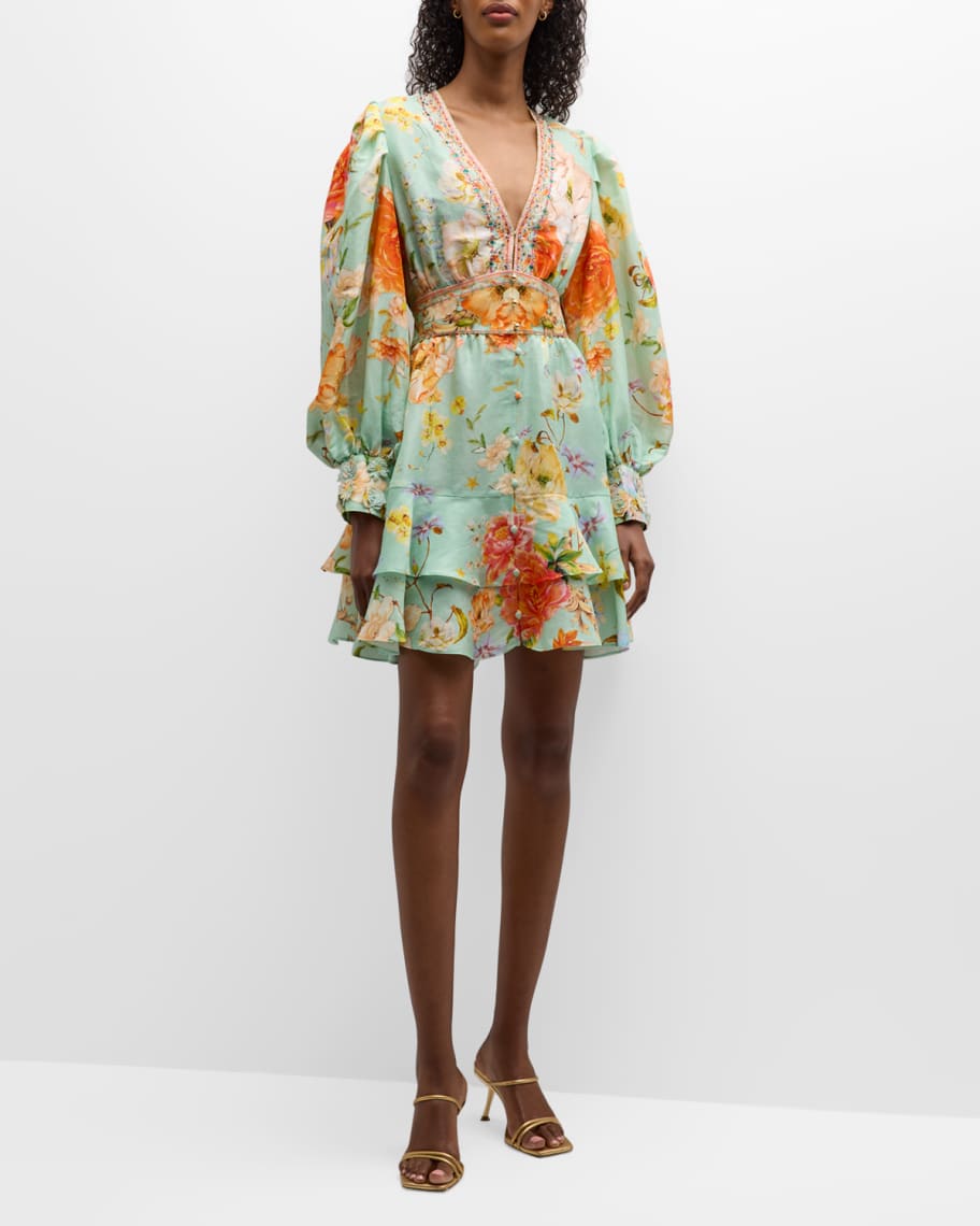 Camilla Talk the Walk Silk Button-Front Frill Mini Dress | Neiman Marcus