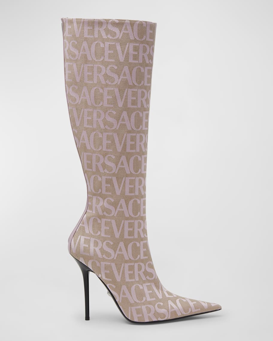 Versace 110mm Versace Allover Monogram Canvas Boots | Neiman Marcus