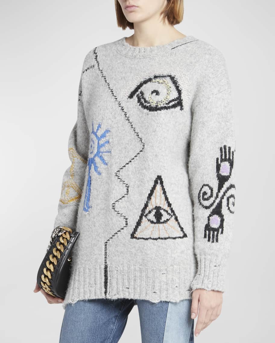 Stella McCartney Folk Artwork Knit Fringe Sweater | Neiman Marcus