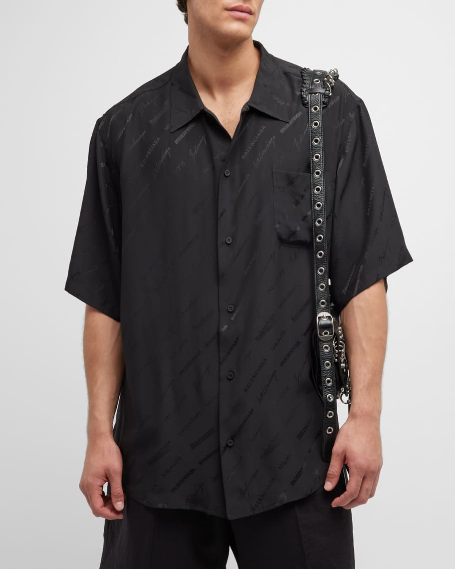 Balenciaga Men s Logomania All Over Minimal Short Sleeve Shirt Large Fit Neiman Marcus