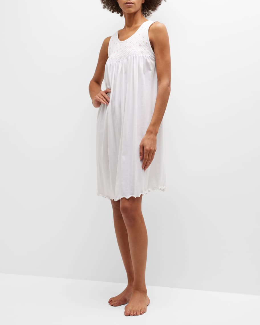 P Jamas Cassandra Floral-Embroidered Smocked Nightgown | Neiman Marcus