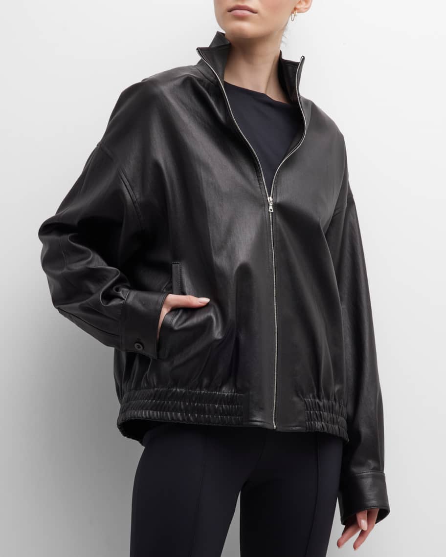Rosetta Getty Plonge Leather Stand-Collar Track Jacket, Black, Women's, M, Coats Jackets & Outerwear Leather & Faux Leather Jackets