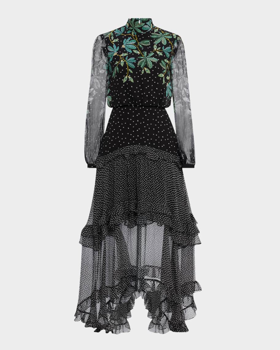 Saloni Jolie-C Floral Silk Tiered-Ruffle Midi Dress | Neiman