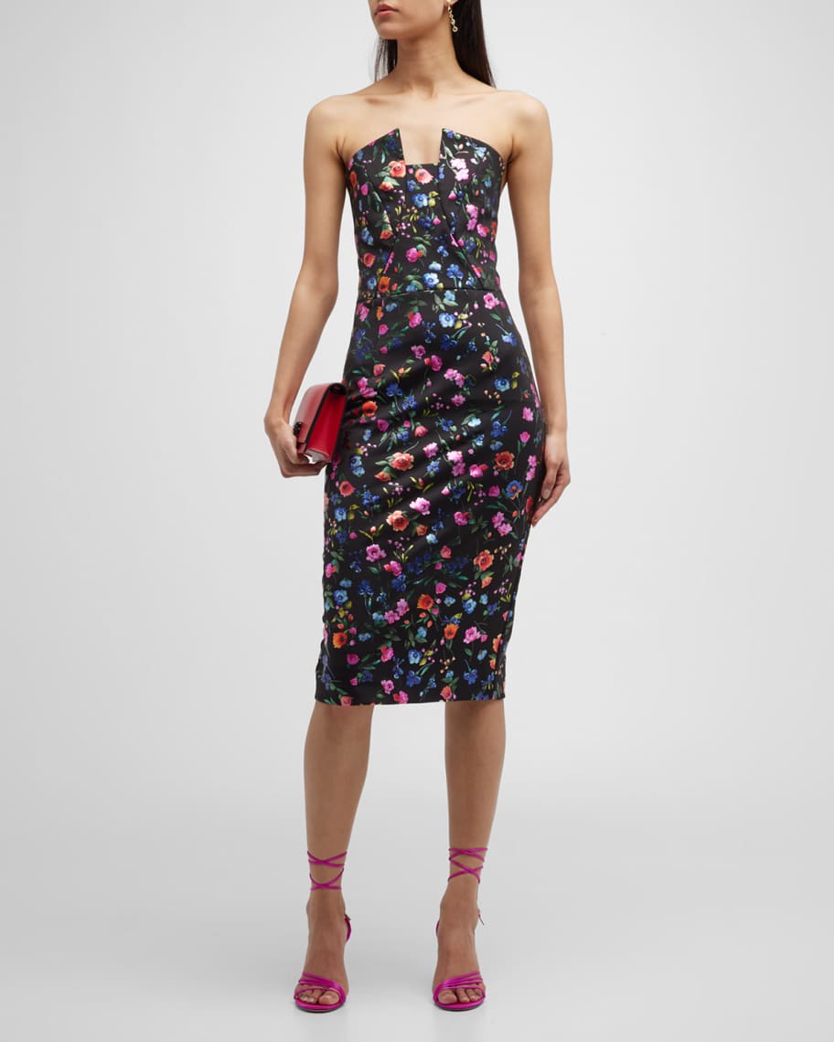 Black Halo Lena Strapless Floral-Print Midi Sheath Dress | Neiman Marcus