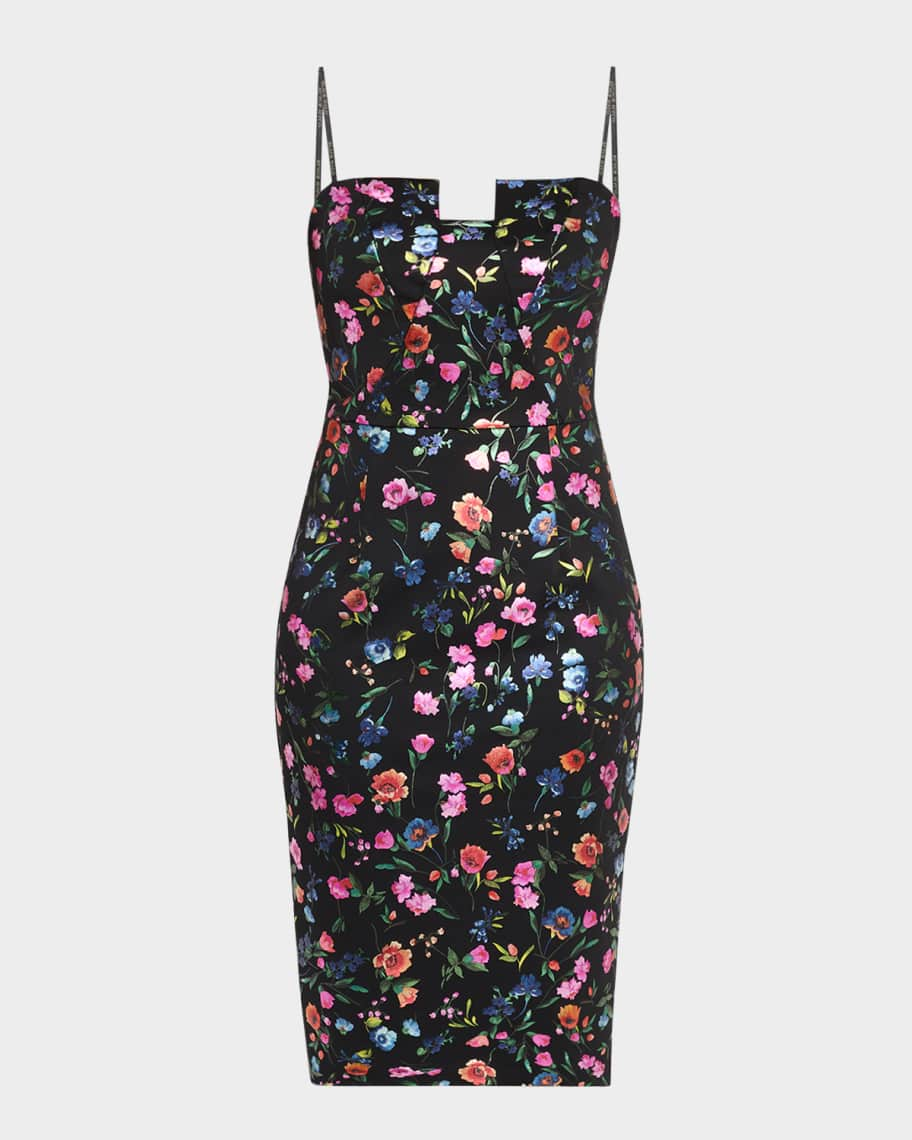 Black Halo Lena Strapless Floral-Print Midi Sheath Dress | Neiman Marcus