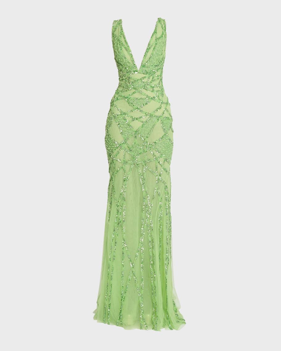 Zuhair Murad Abstract Rose Beaded Plunging Mermaid Gown Neiman