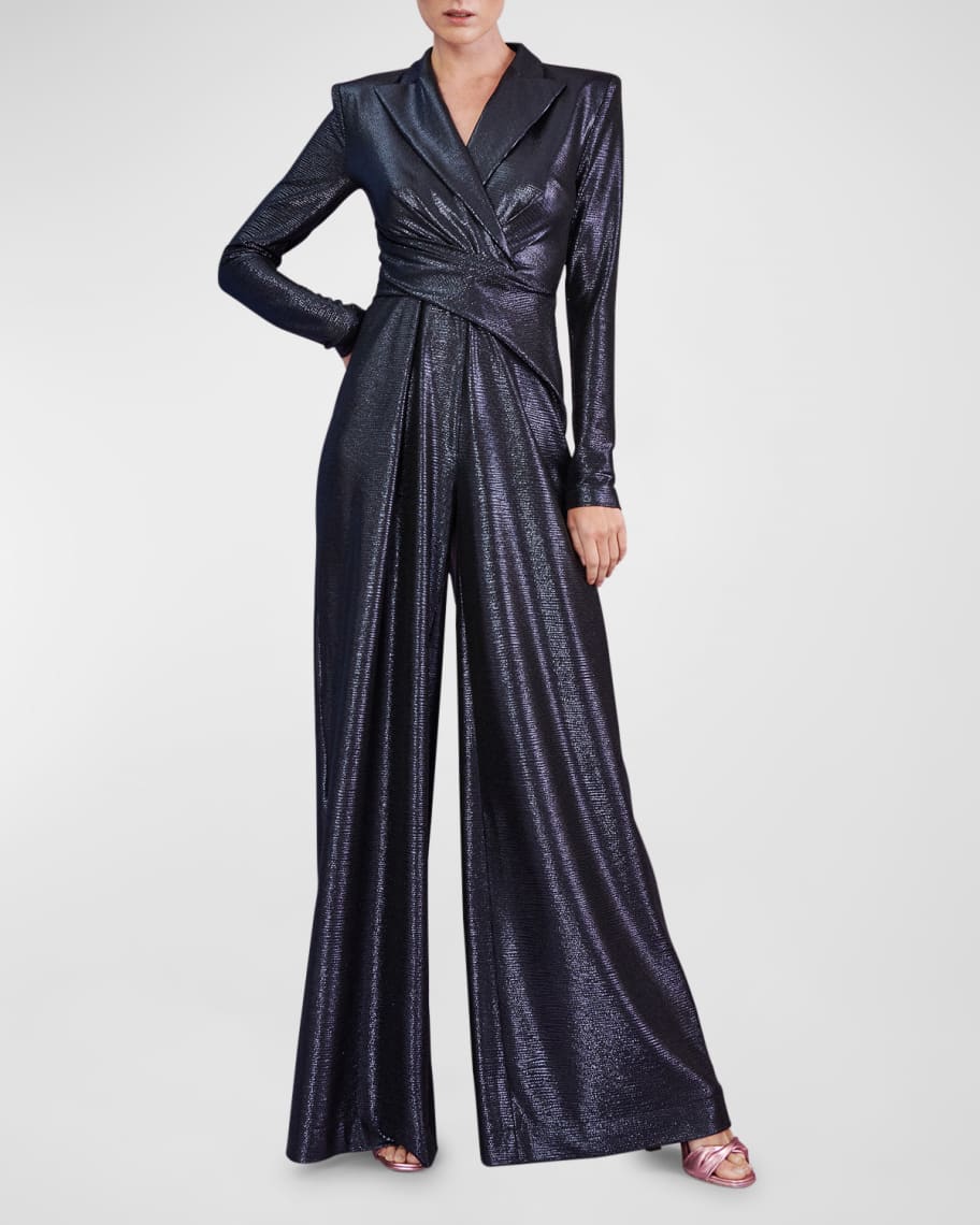 Talbot Runhof Metallic Draped Strong-Shoulder Wide-Leg Jumpsuit ...