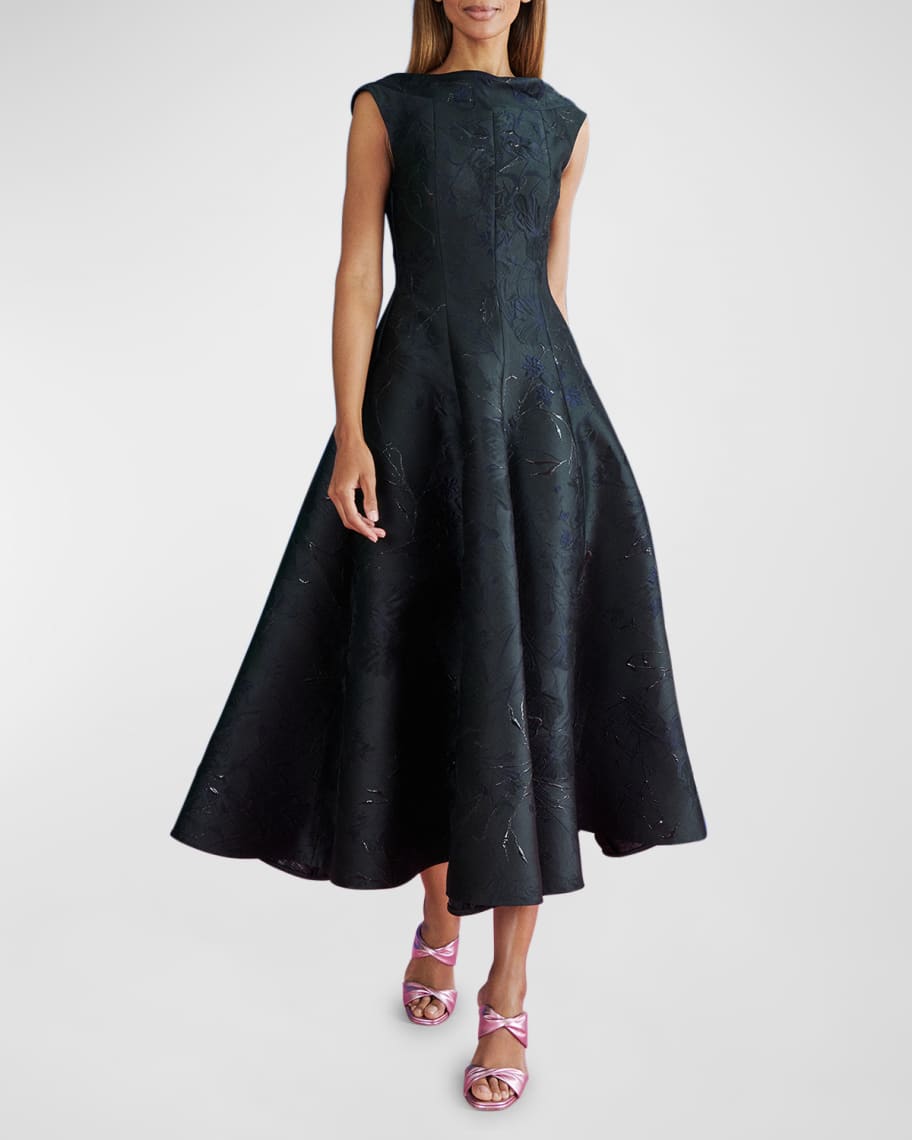 Talbot Runhof Twig And Bloom Jacquard Sleeveless Midi Dress | Neiman Marcus