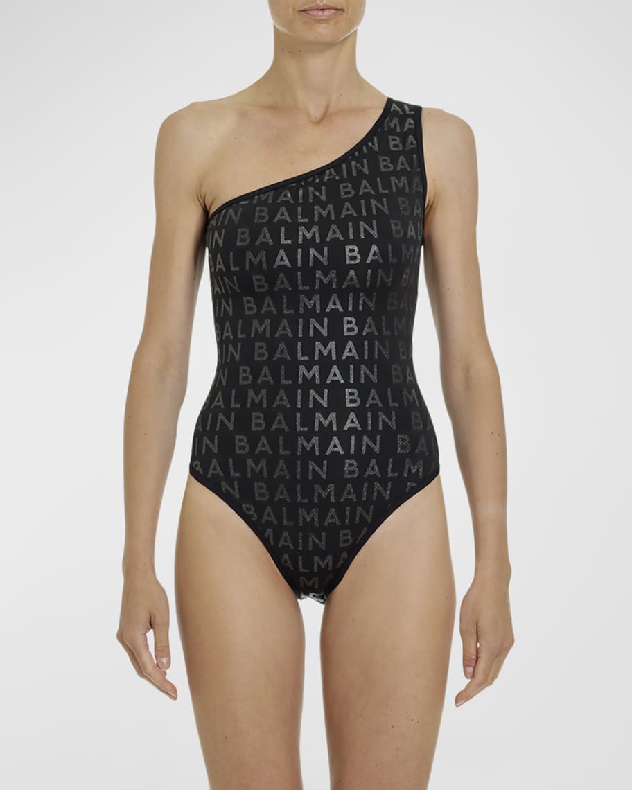 Balmain Girls One Shoulder Bow Swimsuit in Black
