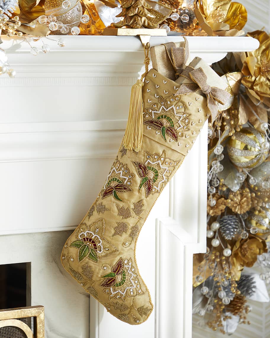 Sudha Pennathur Golden Tissue Christmas Stocking with Beaded Leaves Neiman Marcus