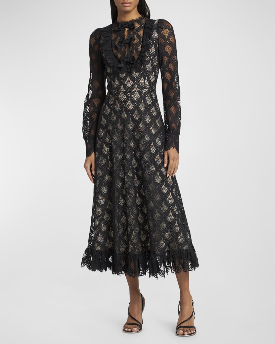 Etro Lace Midi Dress with Tapestry Patterned Underlayer | Neiman Marcus