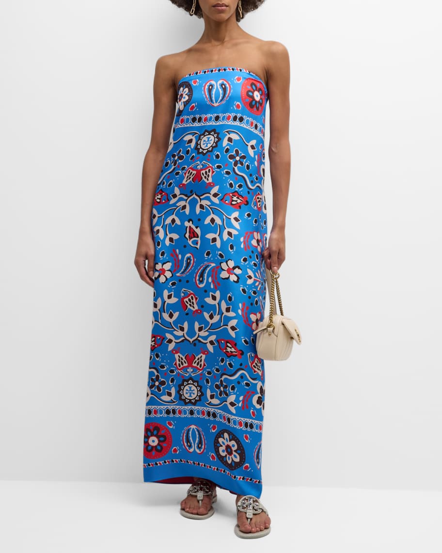 Tory Burch Strapless Floral-Print Silk Twill Maxi Dress | Neiman Marcus