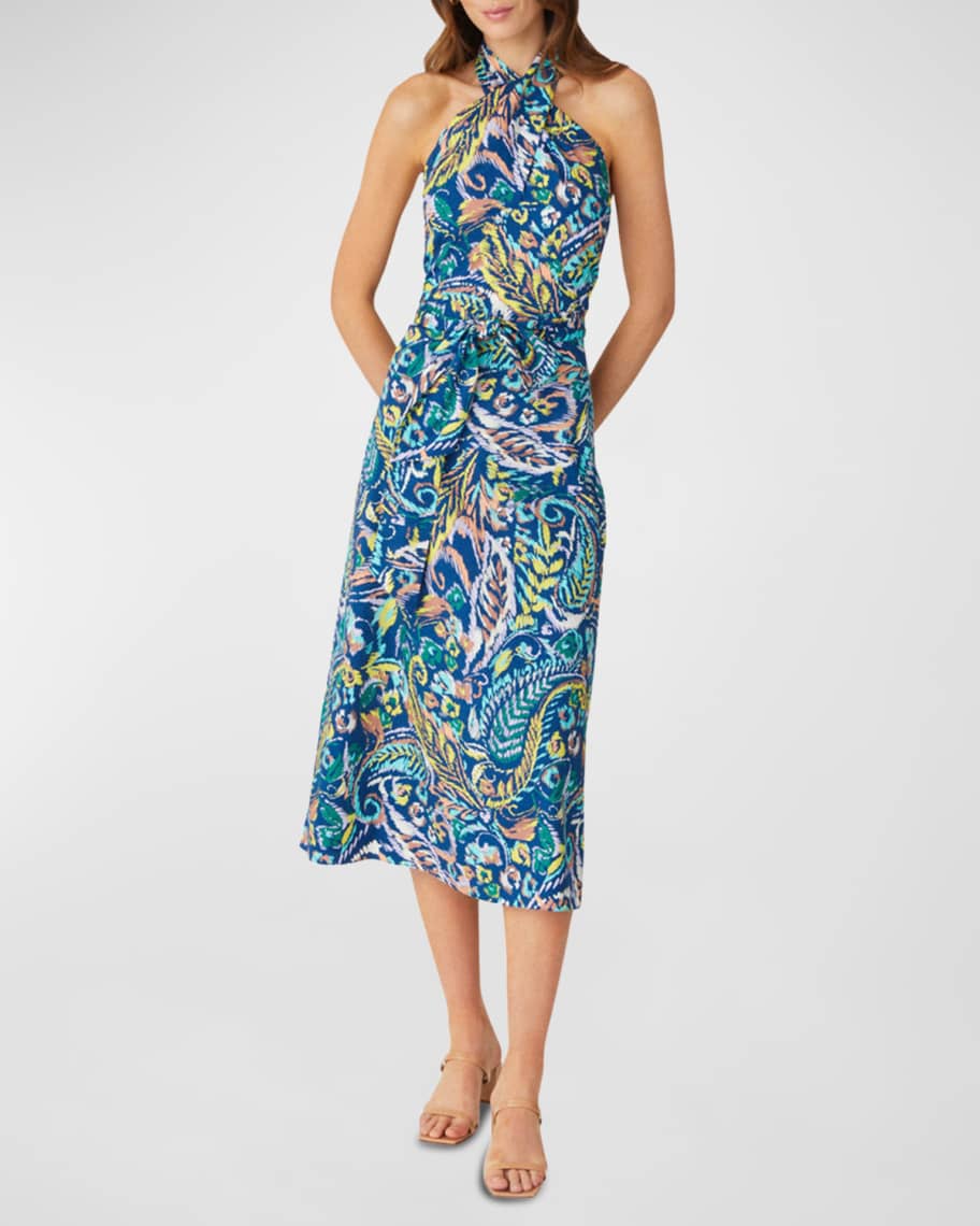 slim fit dress slacks Mackey Paisley Halter Midi Dress in Dove White MultiBlue & White